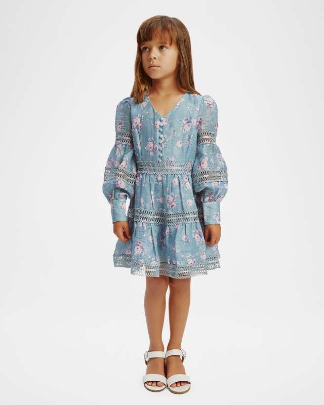 Girl's Venice Lattice Trim Floral-Print Dress, Size 7-14